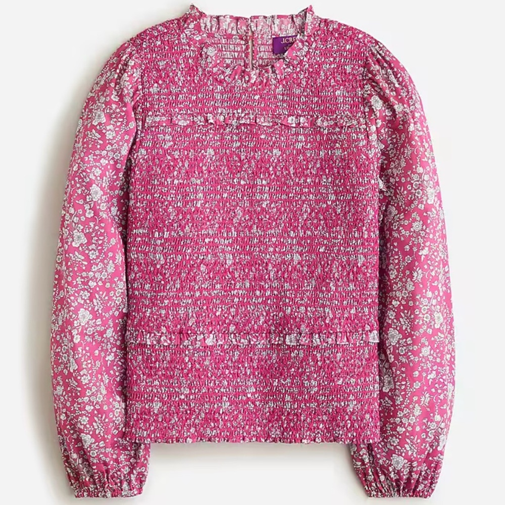 J. Crew Pink Smocked Floral Long-Sleeve Blouse